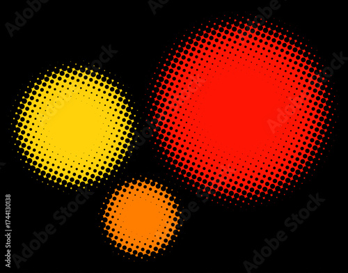 Red, yellow, and orange halftone circles on black background. Vector illustration with bold retro comic pop art style.