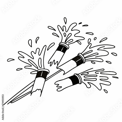 Cartoon illustration of three water guns shooting water in a playful way