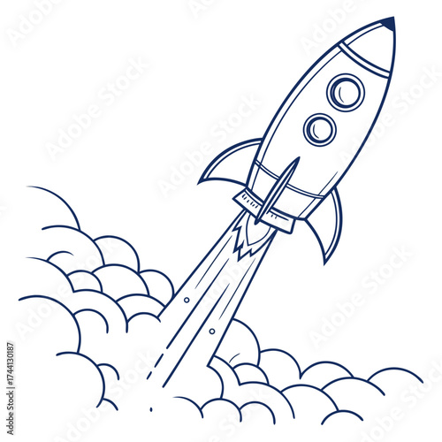 Cartoon rocket ship blasting off with smoke and flames