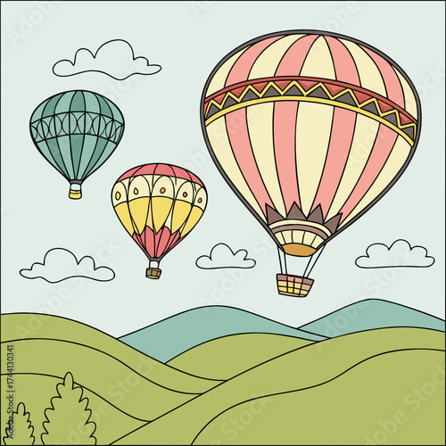 Colorful hot air balloons floating over rolling green hills and clouds