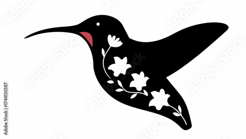 A black hummingbird with white floral designs and a red throat on a white background is depicted