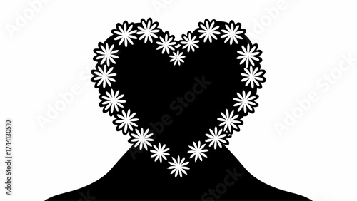 A floral heart shape with white flowers arranged around a black heart silhouette on a white background