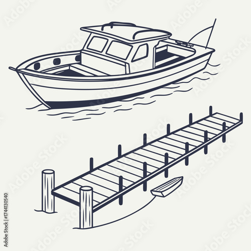 Fishing boat docked at a pier with a dinghy tied to the side