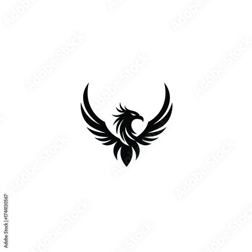 Black silhouette of a phoenix with spread wings bird