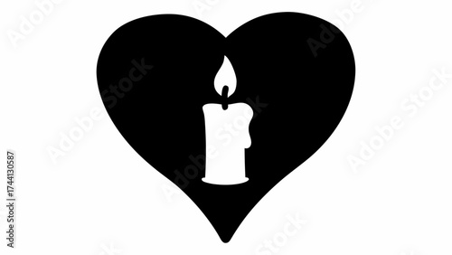 Black heart shape containing a white candle with a flame, set against a stark white background image