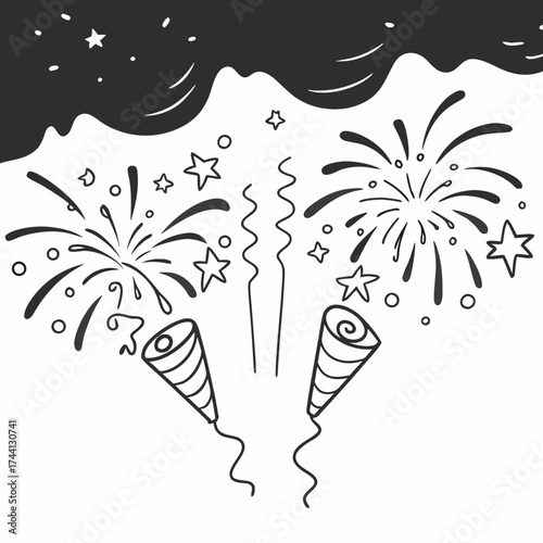Hand drawn party poppers and fireworks celebration illustration