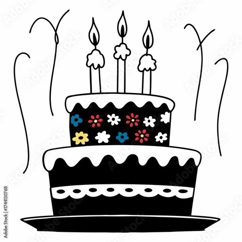 Hand drawn two tier birthday cake with candles and floral decorations