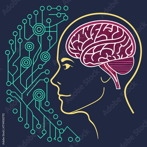 Human head profile with digital brain and circuitry network