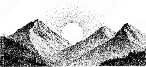 Symmetrical mountain landscape in detailed dotwork for art and design