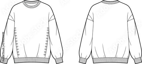 Front and Back Technical Sketch of Sweatshirt with Crew Neckline, Long Sleeves, Ribbed Cuffs, Ribbed Hemline, and Decorative Functional Side Button Detailing