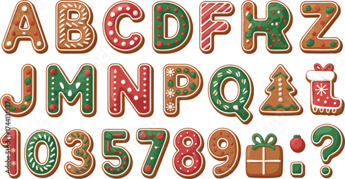 Gingerbread cookie alphabet and numbers with icing decorations, festive symbols, tree, stocking, gift, and holiday style