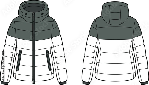 Front and Back Technical Sketch of Hooded Winter Jacket with Color-Block Design, Quilted Stitching, Zipper Closure, Ribbed Cuffs, Fitted Hem, and Zippered Side Pockets