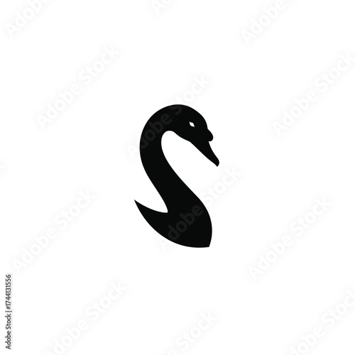 Black silhouette of a swan with curved neck on white