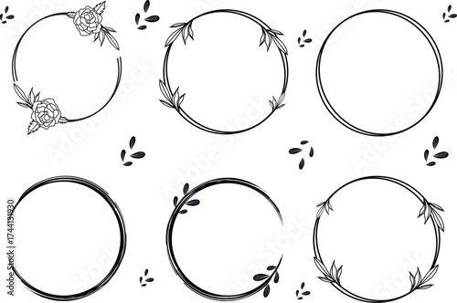Branches circle frame set. Doodle wearth Hand drawn round line border, leaves and flowers, wedding invitation and cards, logo design and posters template