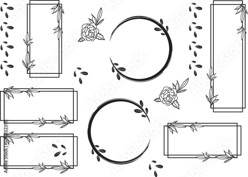 Branches circle frame set. Doodle wearth Hand drawn round line border, leaves and flowers, wedding invitation and cards, logo design and posters template