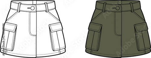 Front Technical Sketch of High-Waist Utility Skirt with Belt Loops, Button Closure, Slanted Side Pockets, Large Flap Pockets, and Structured Topstitch Construction Details