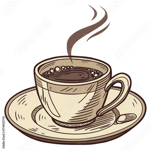 Steaming cup of coffee on a saucer with a coffee bean
