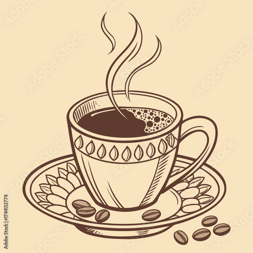 Steaming cup of coffee with beans and decorative saucer
