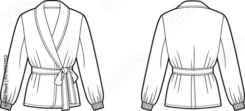 Front and Back Technical Sketch of Women’s Wrap Blouse with V-Neckline, Long Sleeves, Gathered Cuffs, Side Tie Belt, and Waistband Construction Details