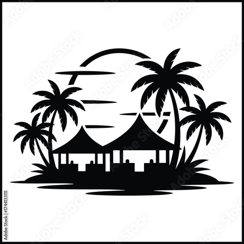 tropical resort buildings with simple shapes like huts or villas with pitched roofs