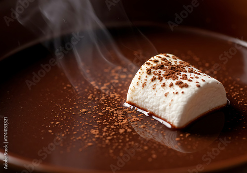 Christmas hot chocolate cup, christmas marshmallow cocoa steam closeup
