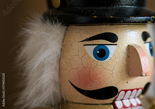 Christmas nutcracker closeup, christmas wooden soldier with cracked paint
