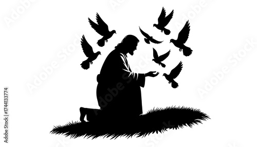 Jesus kneeling on hill with flying doves silhouette on transparent background