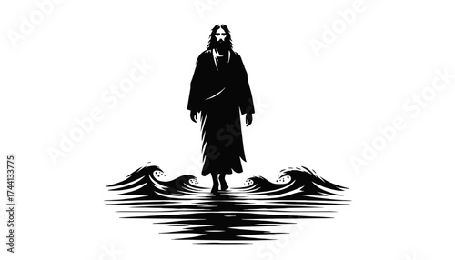 Jesus walking on water silhouette on transparent background
