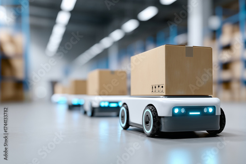 Wallpaper Mural autonomous mobile robots transporting boxes through smart warehouse aisles, futuristic logistics environment,  Torontodigital.ca