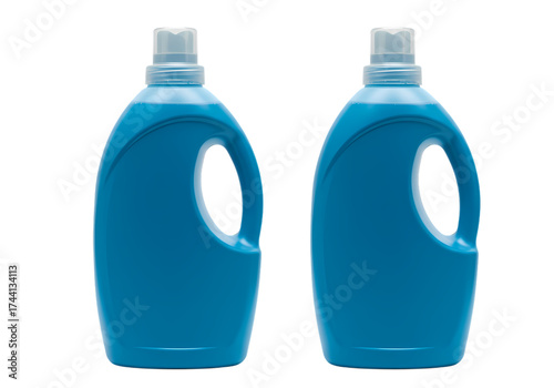 Pair of Blue Plastic Bottles for Laundry Detergent or Household Cleaning Solution isolated on transparent background