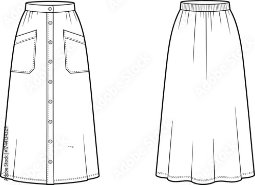 Front Technical Sketches of Skirts Featuring Button-Down A-Line with Patch Pockets and Elastic Waist Flared Silhouette for Fashion Illustration and Apparel Construction