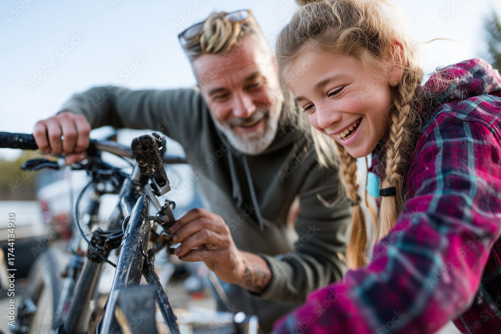 Obraz premium father and teenage daughter repairing a bicycle together, teamwork, connection, candid laugh, afternoon sunlight,