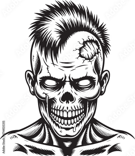Scary Zombie Portrait with Skull, Cracked Skin and Mohawk Hairstyle Engraving Style