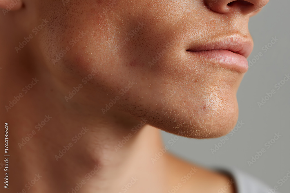 Obraz premium Eczema close up skin: Close up of neck and chin shows skin imperfection, capturing raw emotion and vulnerability of human experiences