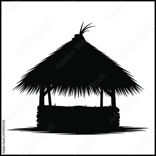 simple hut with a distinct thatched roof made of straw or palm leaves