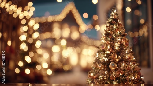 Fototapeta Naklejka Na Ścianę i Meble -  Christmas tree with lights on a street at night with the streets in the background with out-of-focus Christmas lights