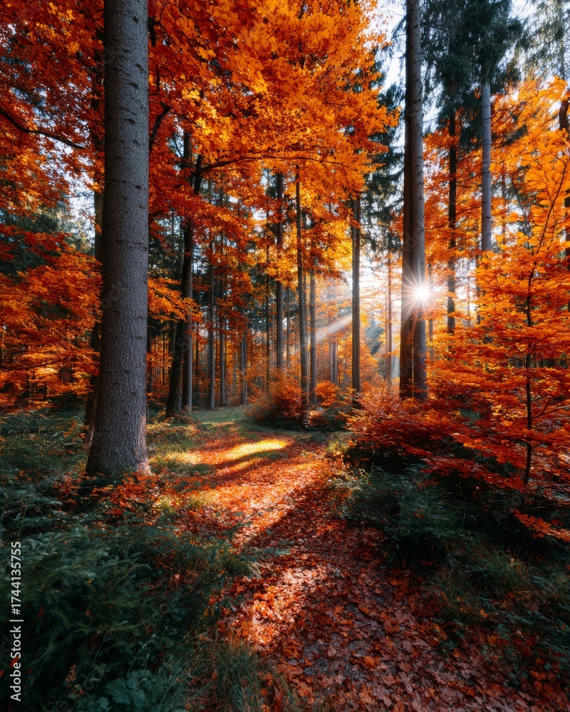 Obraz premium Bright sun rays shining through a vibrant autumn forest with orange and yellow leaves in early morning light