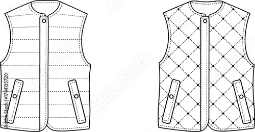 Front Technical Sketches of Sleeveless Quilted Vests with Button Placket, Angled Flap Pockets, Horizontal Quilting, and Diamond Quilting Variations for Fashion Illustration