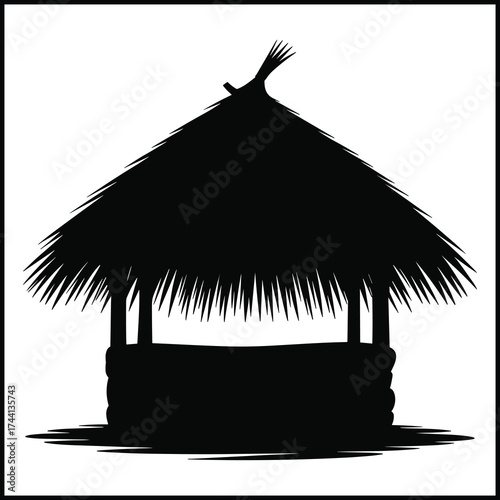 simple hut with a distinct thatched roof made of straw or palm leaves