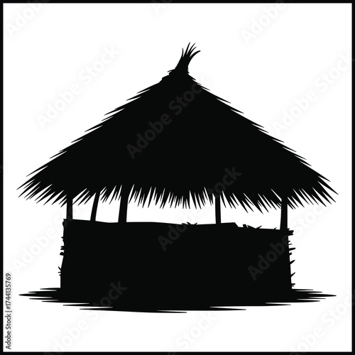 simple hut with a distinct thatched roof made of straw or palm leaves
