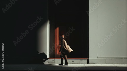 A male silhouette in a hat symbolizes the loneliness of a small, insignificant person in a big city and, more broadly, in the big modern world