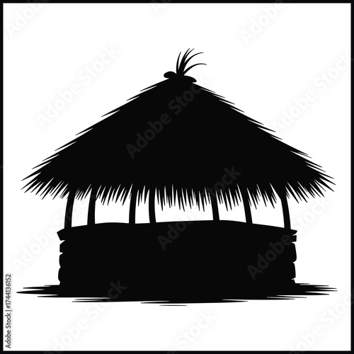 simple hut with a distinct thatched roof made of straw or palm leaves