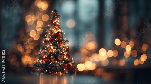 Fototapeta Naklejka Na Ścianę i Meble -  Christmas tree with lights on a street at night with the streets in the background with out-of-focus Christmas lights