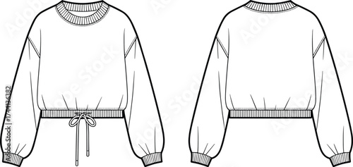 Front and Back Technical Sketch of Cropped Sweatshirt with Ribbed Crew Neckline, Ribbed Cuffs, Ribbed Hem, Balloon Sleeves, and Adjustable Drawstring Hem Detail
