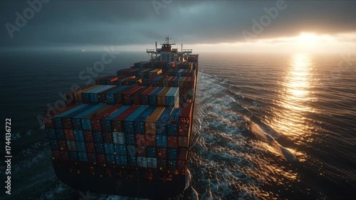 A giant container ship slowly sails across the open ocean at dawn, filmed in medium shot from a slightly elevated cinematic angle. The vessel is piled high with colorful containers