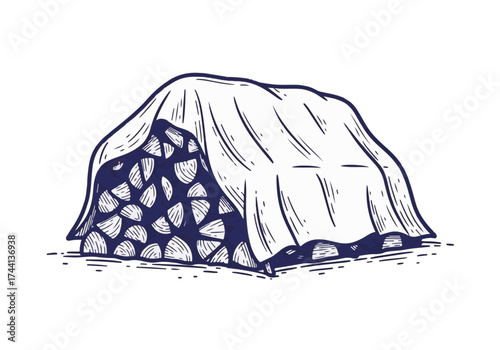 Woodpile covered with a tarp, showcasing stacked logs and natural textures, representing winter preparation and outdoor storage for cold weather