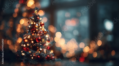 Fototapeta Naklejka Na Ścianę i Meble -  Christmas tree with lights on a street at night with the streets in the background with out-of-focus Christmas lights