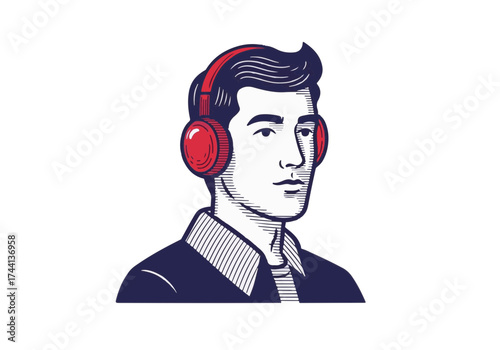 Young man wearing red headphones, listening to music with a focused expression, showcasing modern technology and personal enjoyment in a vibrant, artistic style