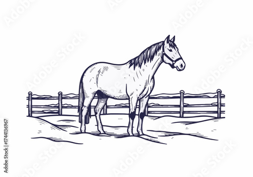 Winter scene featuring a majestic horse standing in a snowy landscape, surrounded by a wooden fence, evoking a serene and tranquil atmosphere of the season
