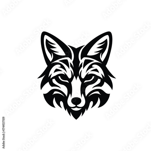 Black tribal fox head emblem on white background animal